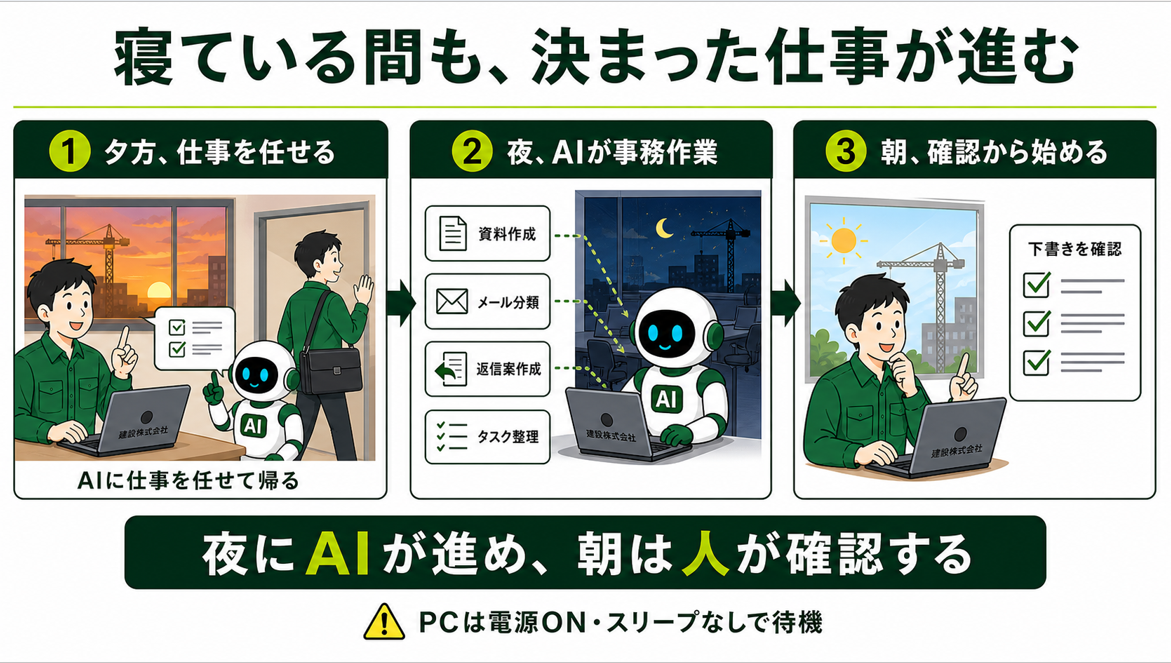 夕方に仕事を任せ、夜にAIが資料作成・メール分類・返信案作成・タスク整理を進め、朝に人が確認する流れ