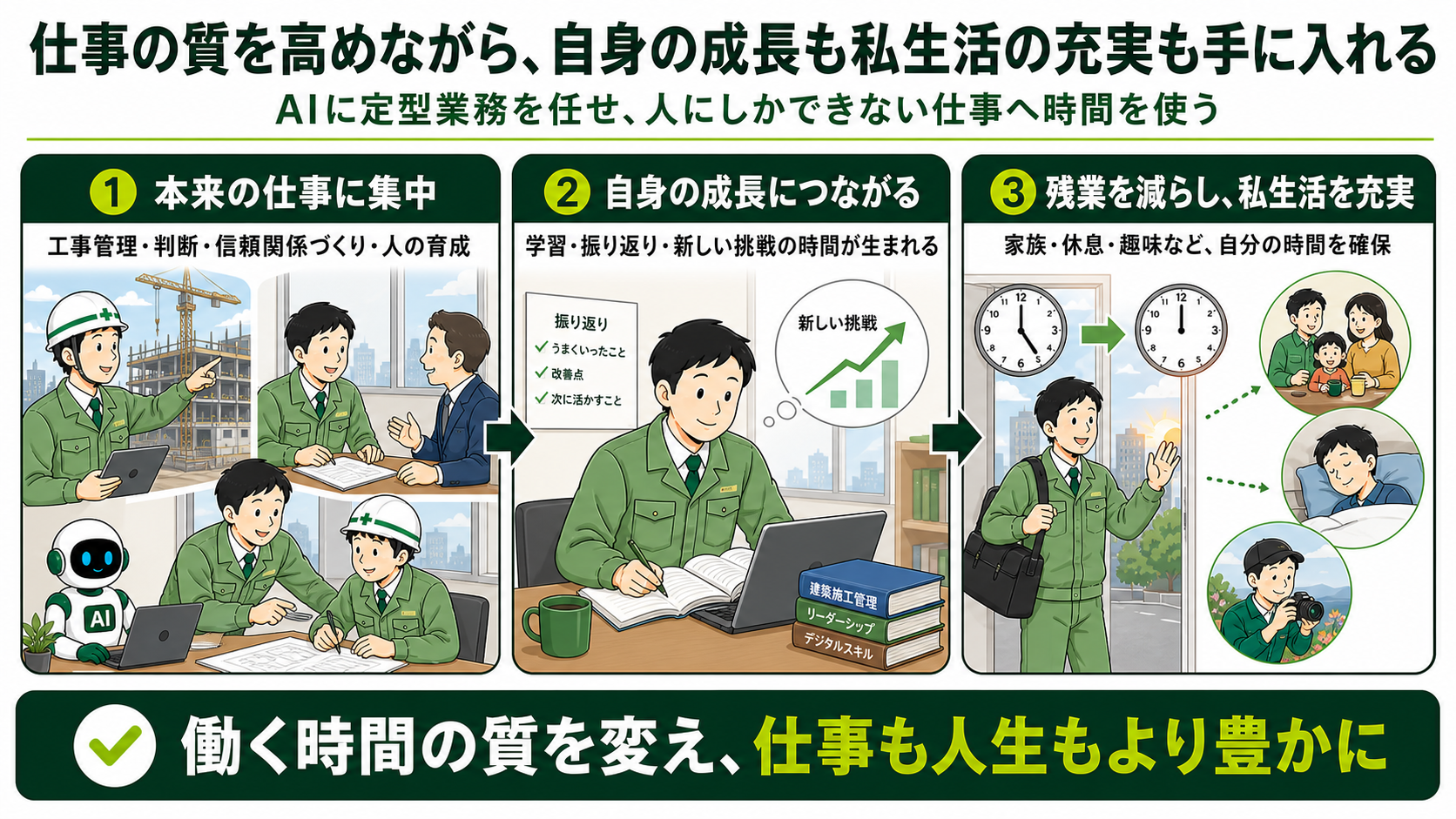 社員が本来の仕事と成長に集中し、私生活も充実させるイメージ