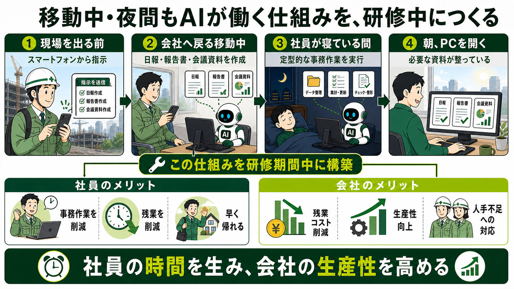 研修中に自社の業務をAIが進める仕組みを構築するイメージ
